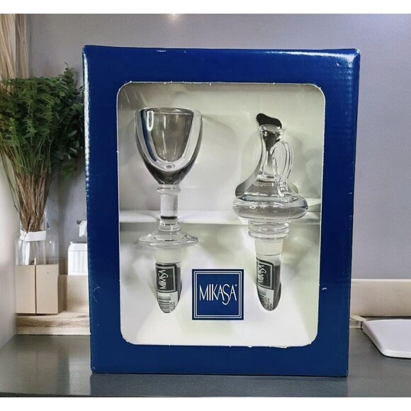 MIKASA Austria Crystal PORTO Pitcher & Goblet Wine Bottle Stoppers Set Of 2 NEW - Picture 1 of 5